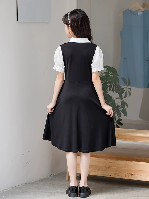 Girl Clothes Kids Clothing Summer Mid-long Dress for Teenagers School Style Puff Sleeve Dress Fake Two-Piece Princess Dress for Kids