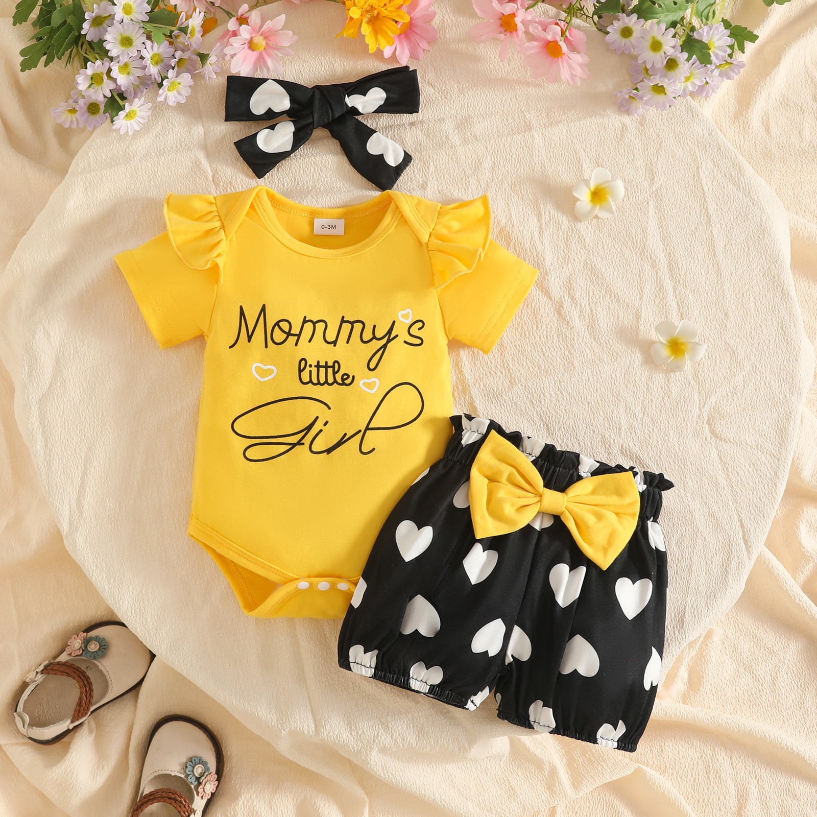 Baby Short Sleeve Bodysuit with Shorts and Bowknot Headband  for 0-12 Months Baby Girls Alphabet Top Butterfly Printed Cute Shorts 3 Piece Set Gir Clothes Kid Clothing Set