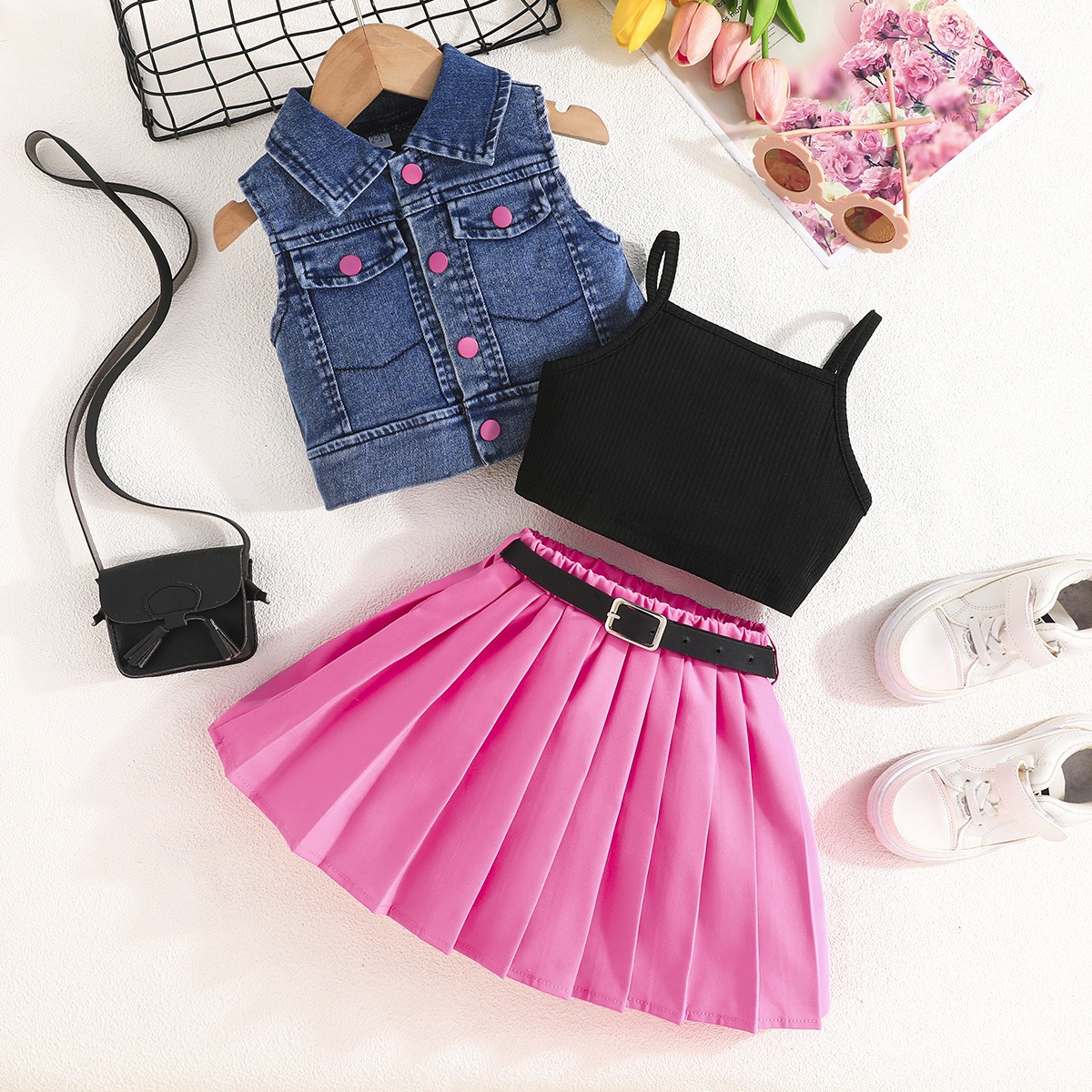 4Pcs Girl Clothes Kid Clothing Set Girls Summer Denim Vest Top Camisole Inner Top Short Pleated Skirt with Belt Outfit Set