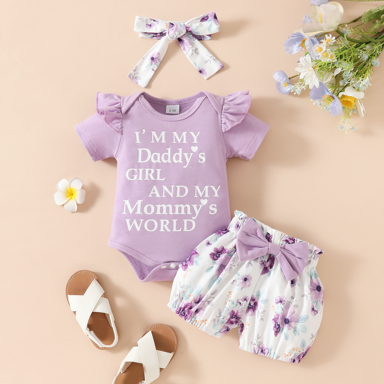 3 Piece Set Baby Short Sleeve Bodysuit with Shorts and Bowknot Headband for 0-12 Months Baby Girls Alphabet Jumpsuit Printed Cute Shorts Girl Clothes Kid Clothing Set