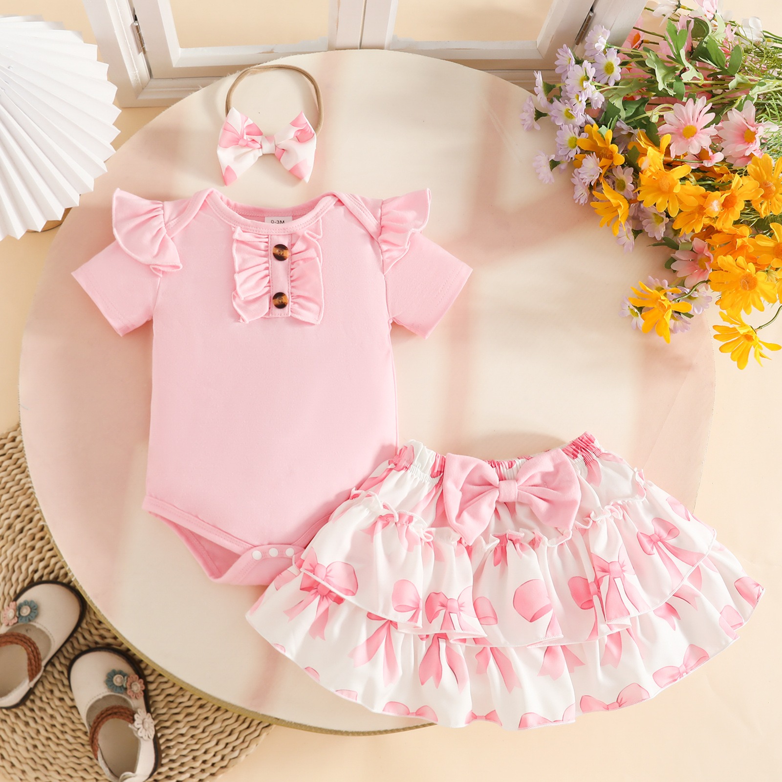 3 Piece Baby Girls Clothing Set Short Sleeve Bodysuit with Skirt and Bowknot Headband for 0-12 Months Babies Jumpsuit Flower Printed Cute Skirt Girl Clothes Kid Outift