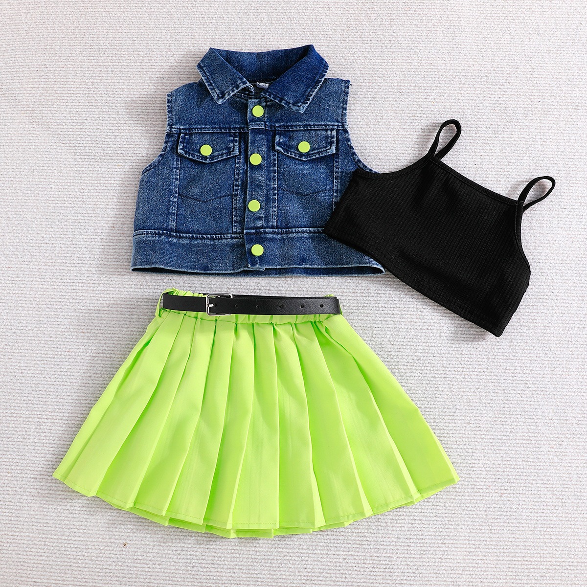 4Pcs Girl Clothes Kid Clothing Set Girls Summer Denim Vest Top Camisole Inner Top Short Pleated Skirt with Belt Outfit Set