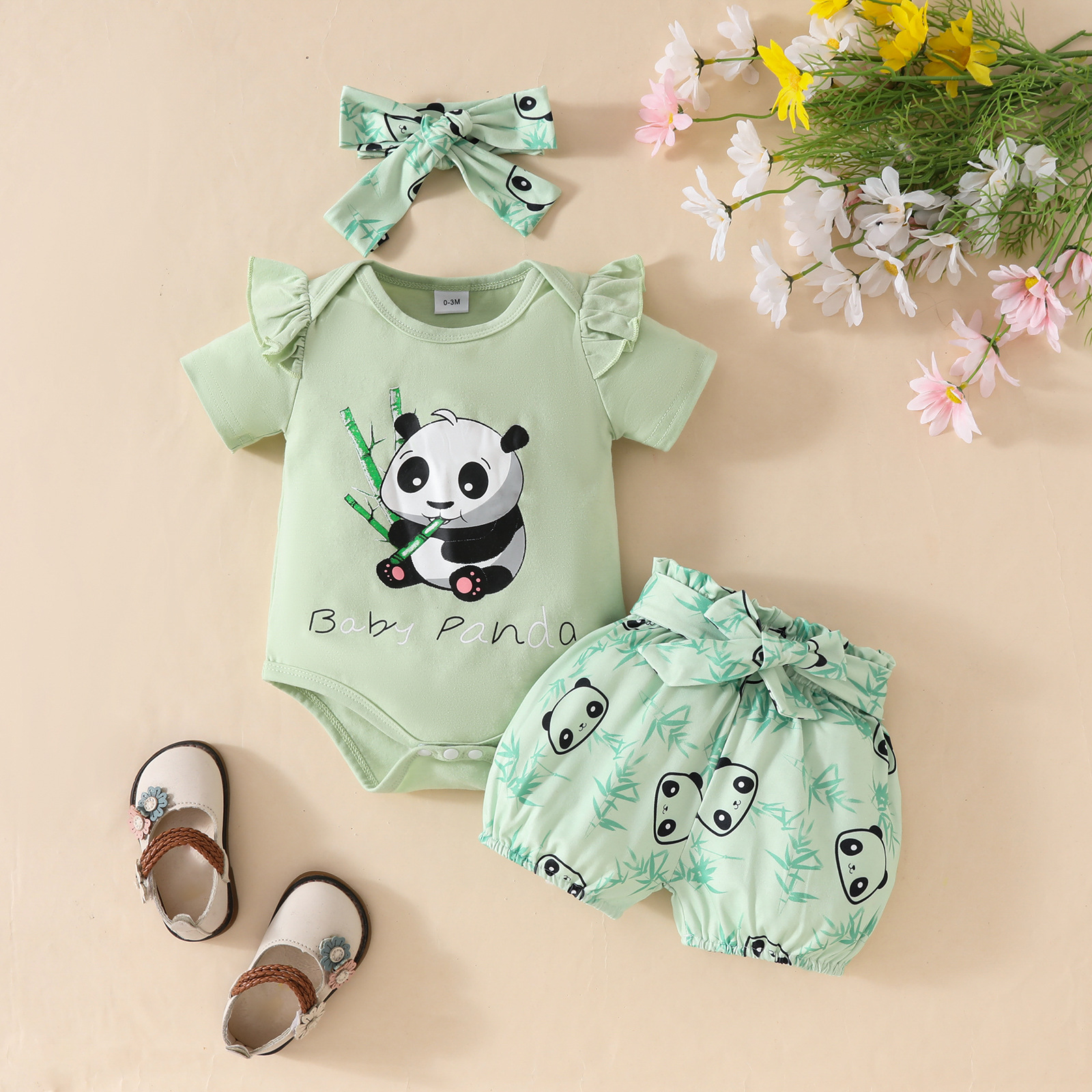 3 Piece Set Baby Short Sleeve Bodysuit with Shorts and Bowknot Headband for 0-12 Months Baby Girls Alphabet Jumpsuit Printed Cute Shorts Girl Clothes Kid Clothing Set