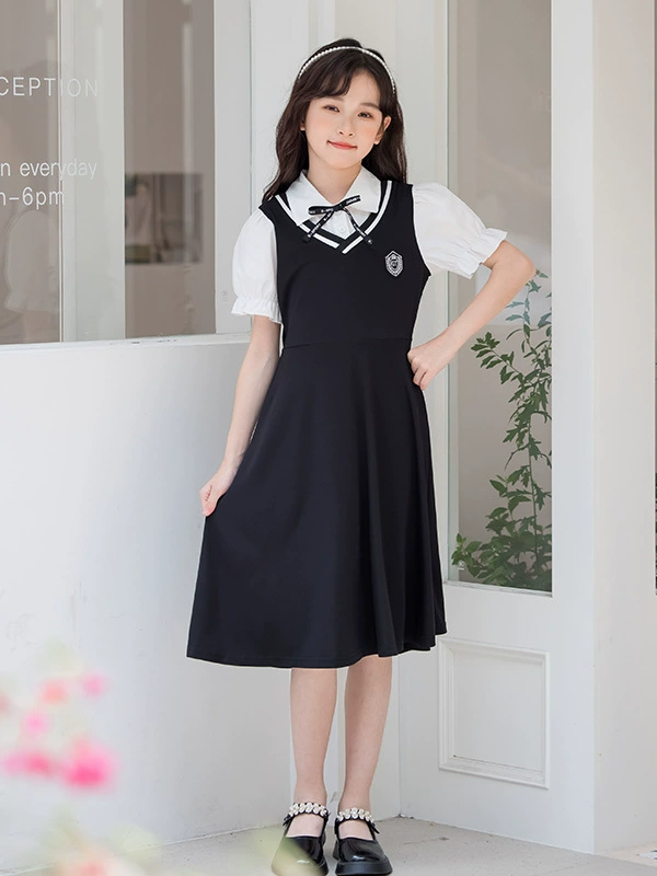Girl Clothes Kids Clothing Summer Mid-long Dress for Teenagers School Style Puff Sleeve Dress Fake Two-Piece Princess Dress for Kids