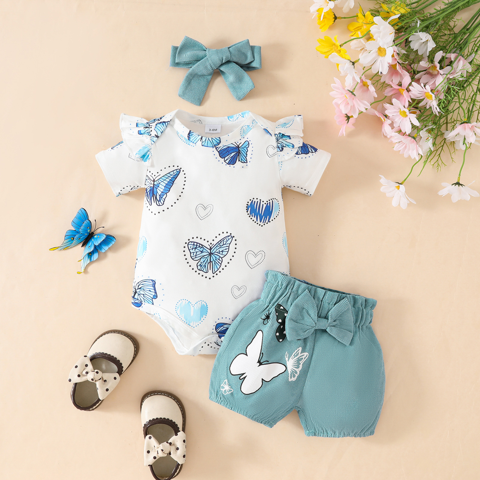 3 Piece Set Baby Short Sleeve Bodysuit with Shorts and Bowknot Headband for 0-12 Months Baby Girls Alphabet Jumpsuit Printed Cute Shorts Girl Clothes Kid Clothing Set