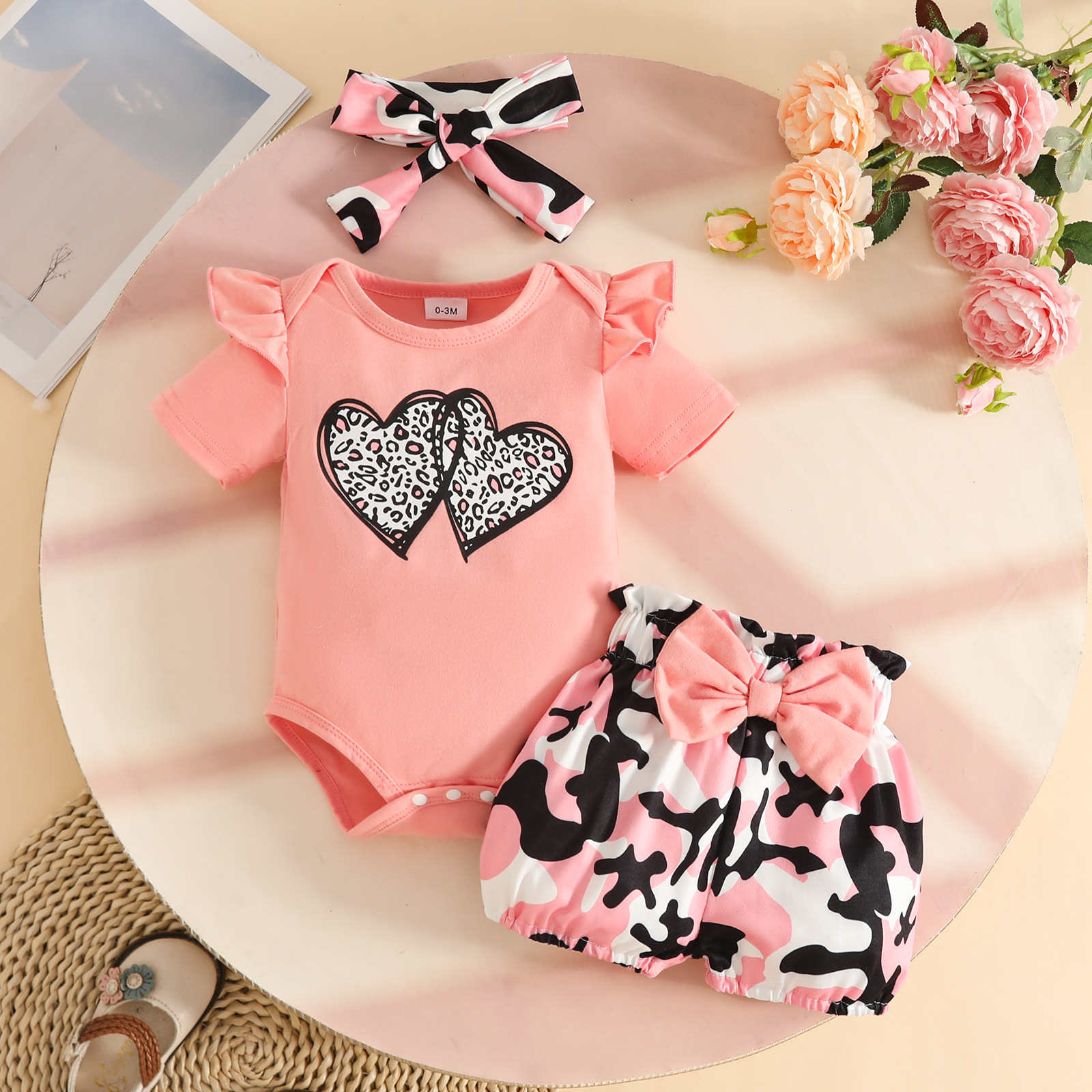 3 Piece Set Baby Short Sleeve Bodysuit with Shorts and Bowknot Headband for 0-12 Months Baby Girls Alphabet Jumpsuit Printed Cute Shorts Girl Clothes Kid Clothing Set