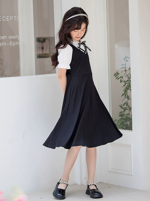Girl Clothes Kids Clothing Summer Mid-long Dress for Teenagers School Style Puff Sleeve Dress Fake Two-Piece Princess Dress for Kids