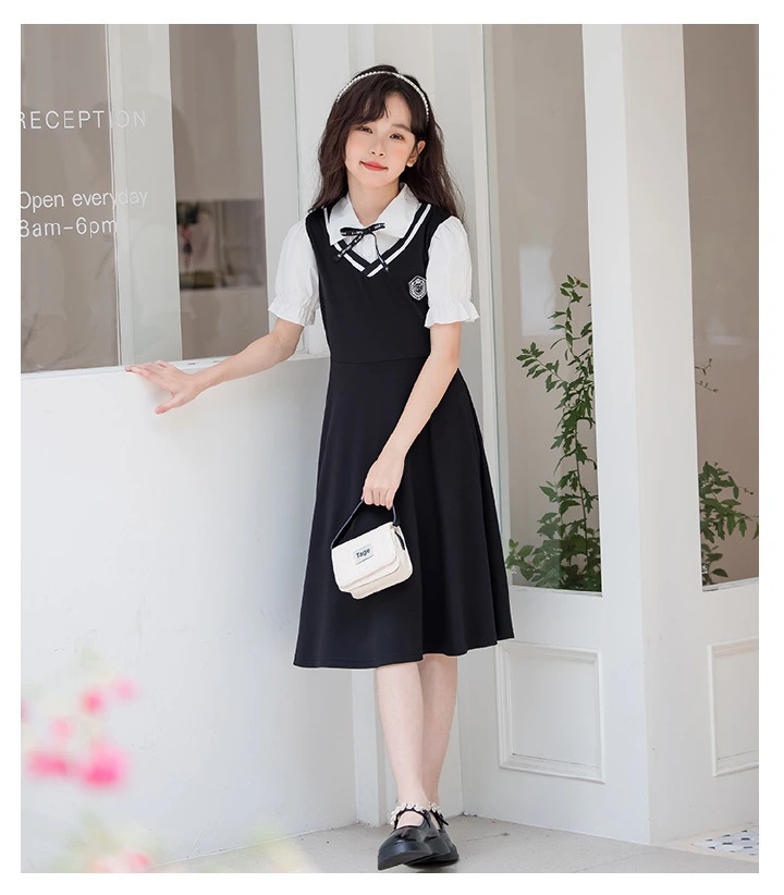 Girl Clothes Kids Clothing Summer Mid-long Dress for Teenagers School Style Puff Sleeve Dress Fake Two-Piece Princess Dress for Kids
