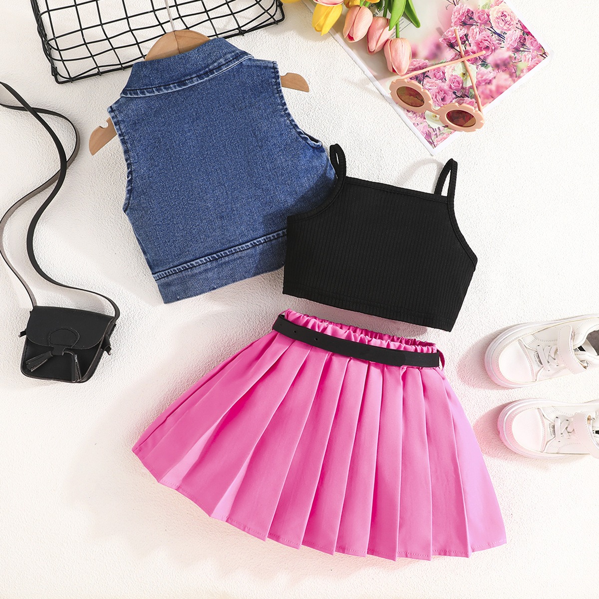 4Pcs Girl Clothes Kid Clothing Set Girls Summer Denim Vest Top Camisole Inner Top Short Pleated Skirt with Belt Outfit Set