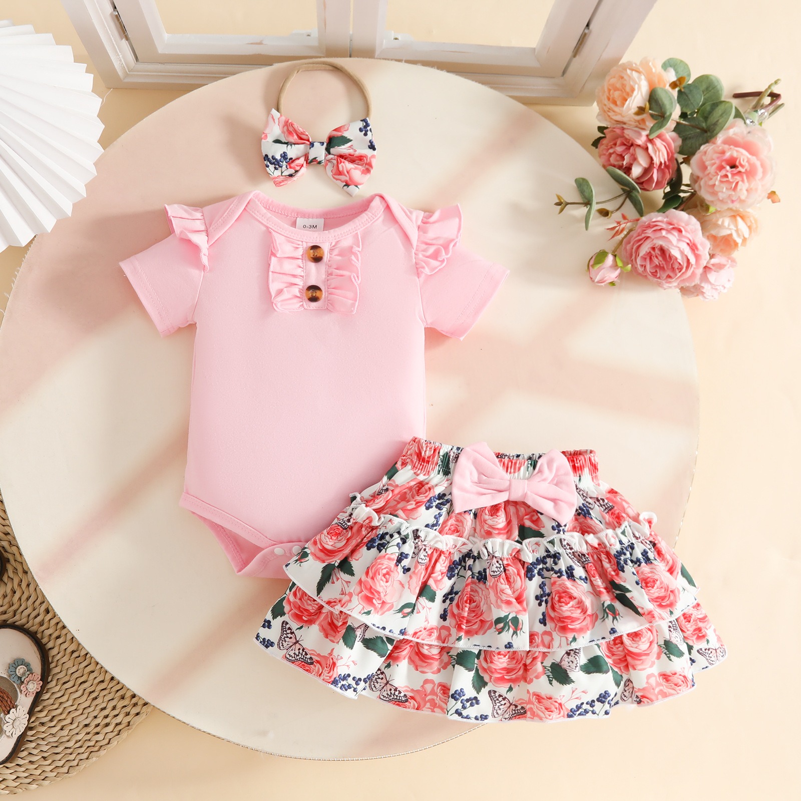 3 Piece Baby Girls Clothing Set Short Sleeve Bodysuit with Skirt and Bowknot Headband for 0-12 Months Babies Jumpsuit Flower Printed Cute Skirt Girl Clothes Kid Outift