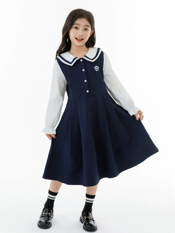 Girl Clothes Kids Clothing Girls Sailor Collar Dress School Style Long Sleeve Contrast Color Dress Student Uniform Dress