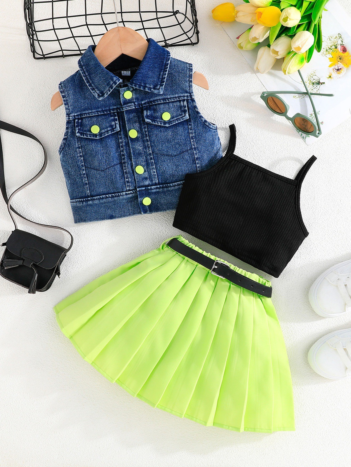 4Pcs Girl Clothes Kid Clothing Set Girls Summer Denim Vest Top Camisole Inner Top Short Pleated Skirt with Belt Outfit Set