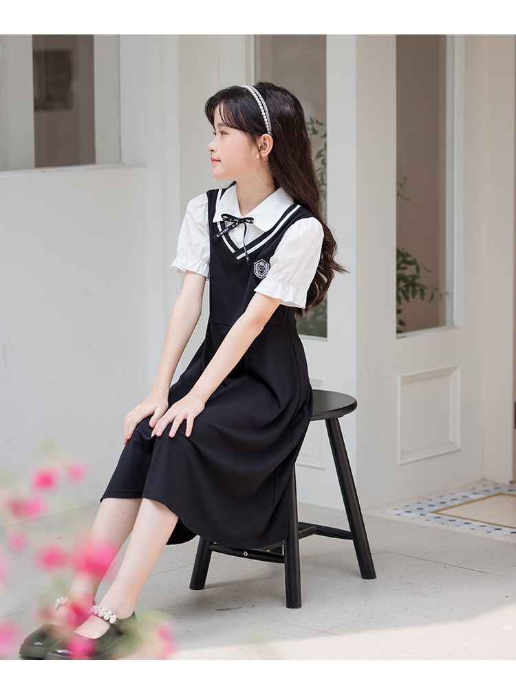 Girl Clothes Kids Clothing Summer Mid-long Dress for Teenagers School Style Puff Sleeve Dress Fake Two-Piece Princess Dress for Kids