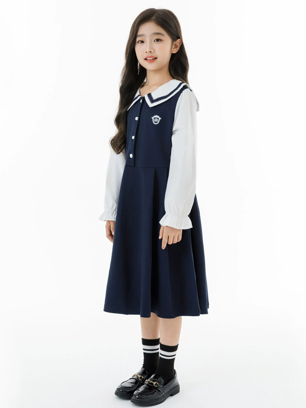 Girl Clothes Kids Clothing Girls Sailor Collar Dress School Style Long Sleeve Contrast Color Dress Student Uniform Dress