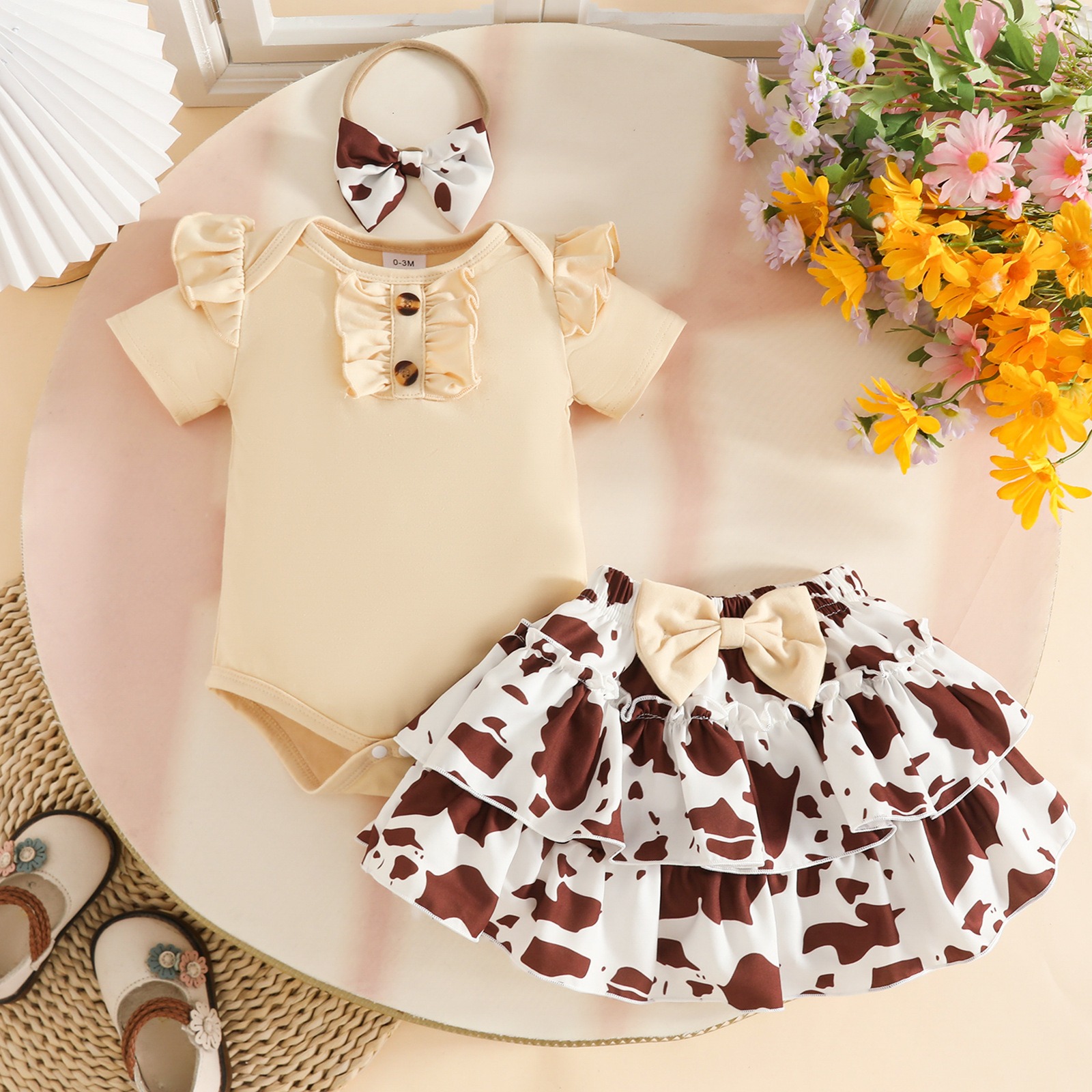 3 Piece Baby Girls Clothing Set Short Sleeve Bodysuit with Skirt and Bowknot Headband for 0-12 Months Babies Jumpsuit Flower Printed Cute Skirt Girl Clothes Kid Outift