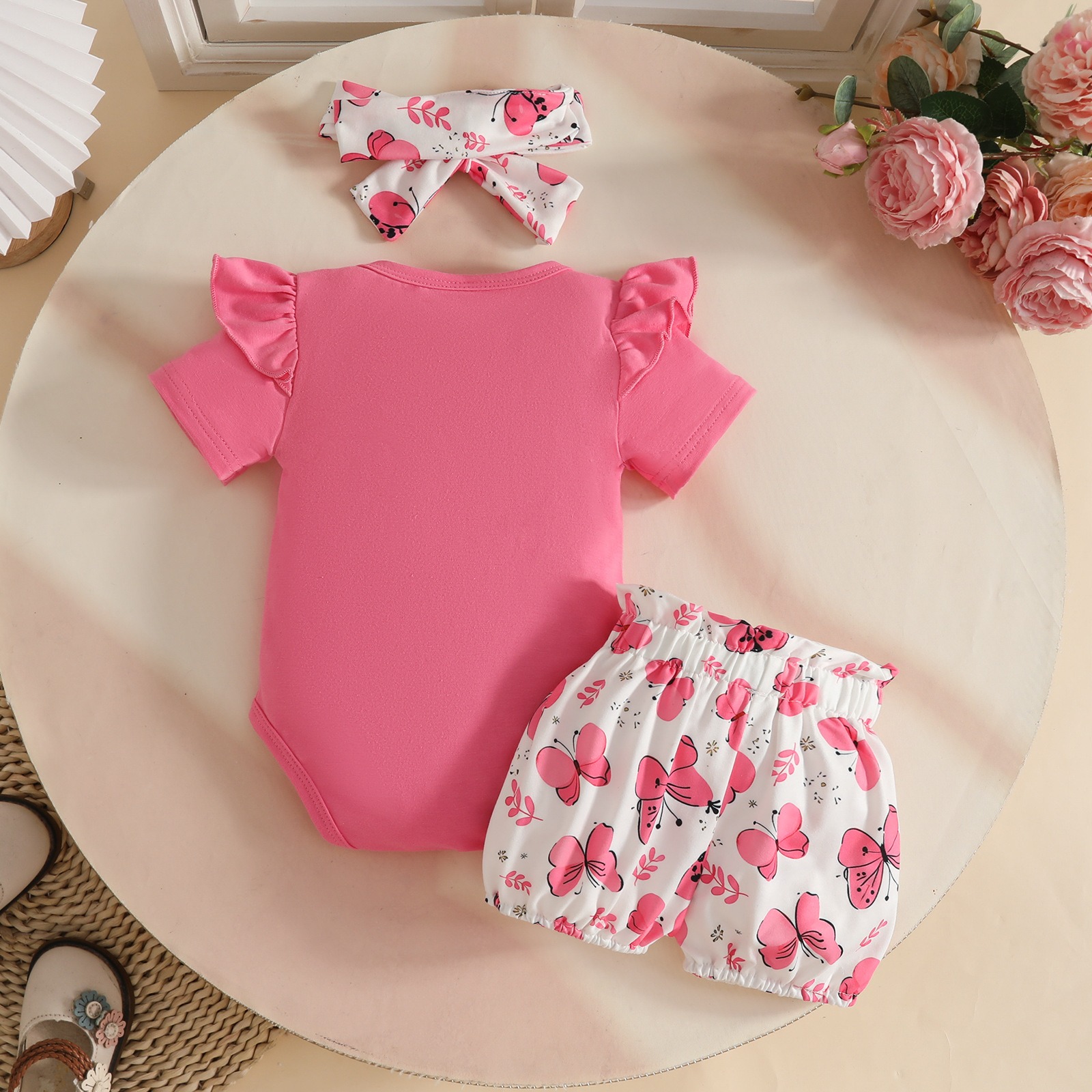 Baby Short Sleeve Bodysuit with Shorts and Bowknot Headband  for 0-12 Months Baby Girls Alphabet Top Butterfly Printed Cute Shorts 3 Piece Set Gir Clothes Kid Clothing Set