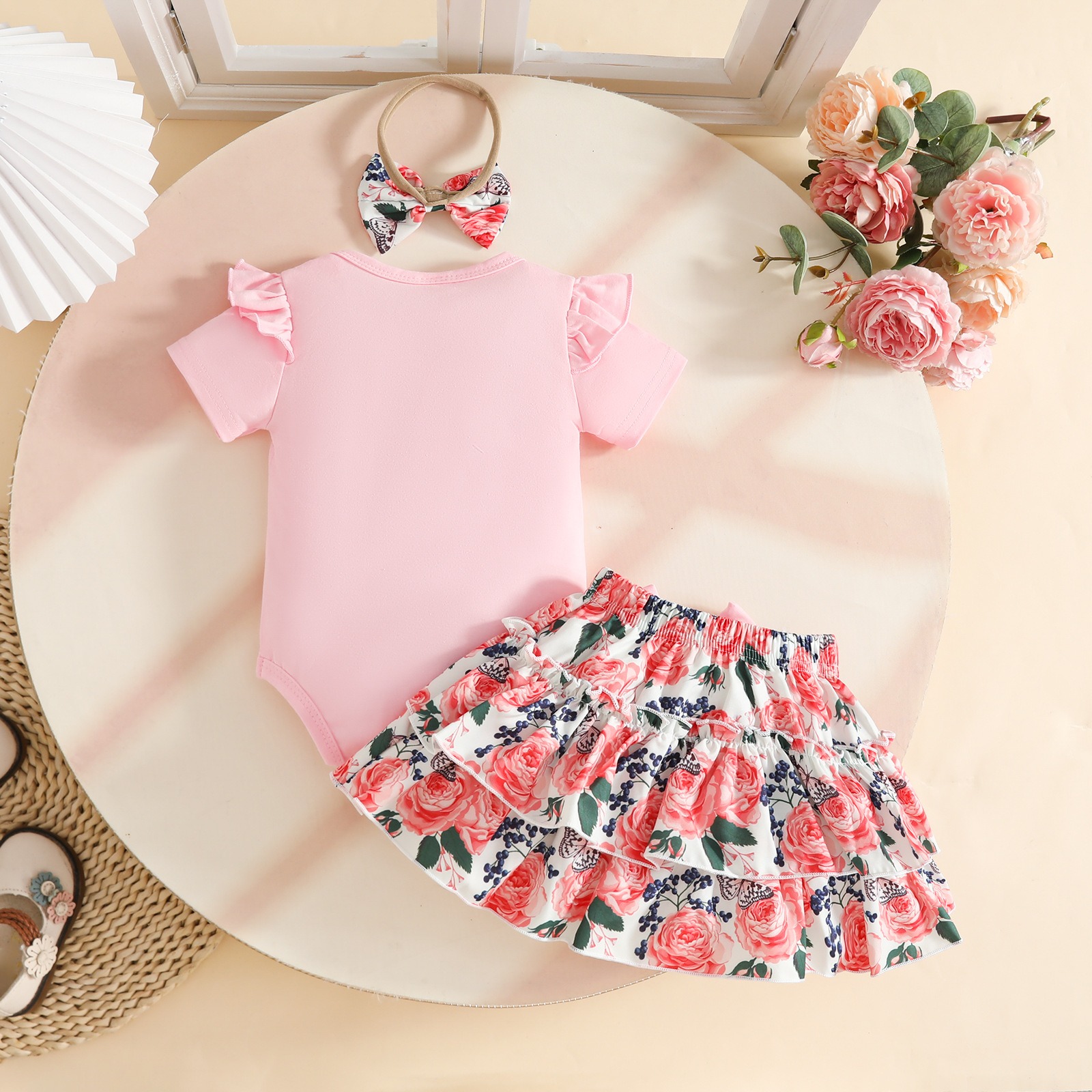 3 Piece Baby Girls Clothing Set Short Sleeve Bodysuit with Skirt and Bowknot Headband for 0-12 Months Babies Jumpsuit Flower Printed Cute Skirt Girl Clothes Kid Outift