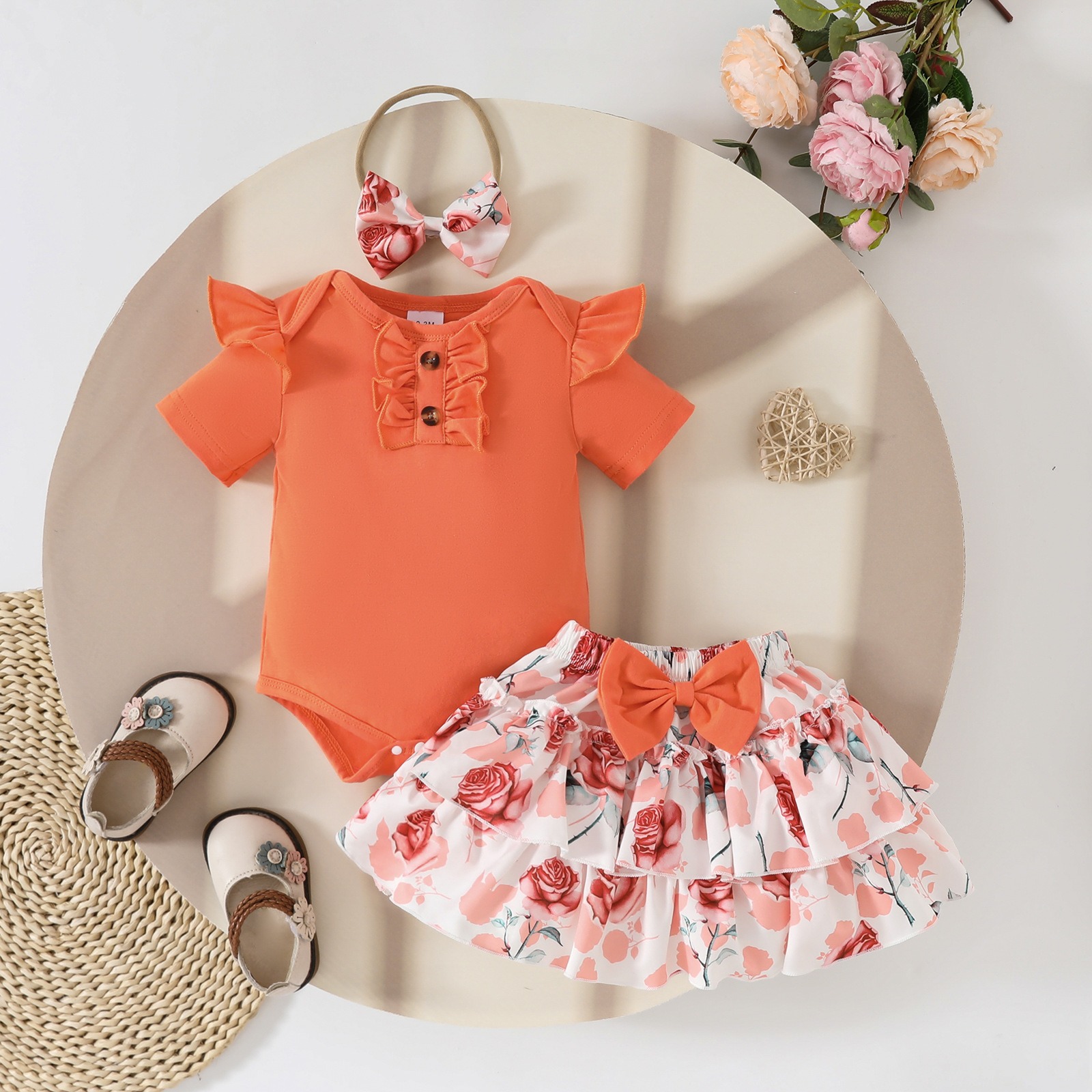 3 Piece Baby Girls Clothing Set Short Sleeve Bodysuit with Skirt and Bowknot Headband for 0-12 Months Babies Jumpsuit Flower Printed Cute Skirt Girl Clothes Kid Outift