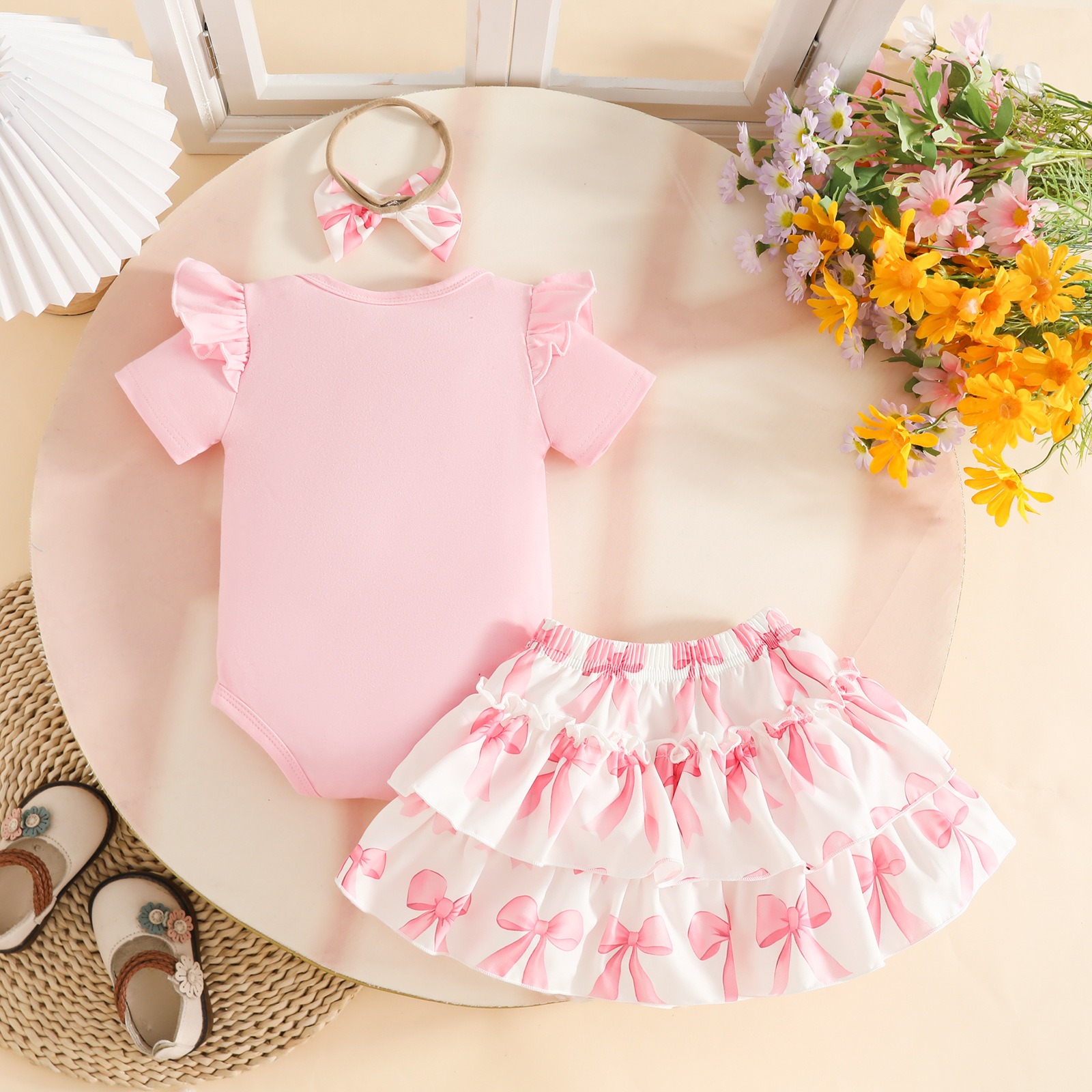 3 Piece Baby Girls Clothing Set Short Sleeve Bodysuit with Skirt and Bowknot Headband for 0-12 Months Babies Jumpsuit Flower Printed Cute Skirt Girl Clothes Kid Outift