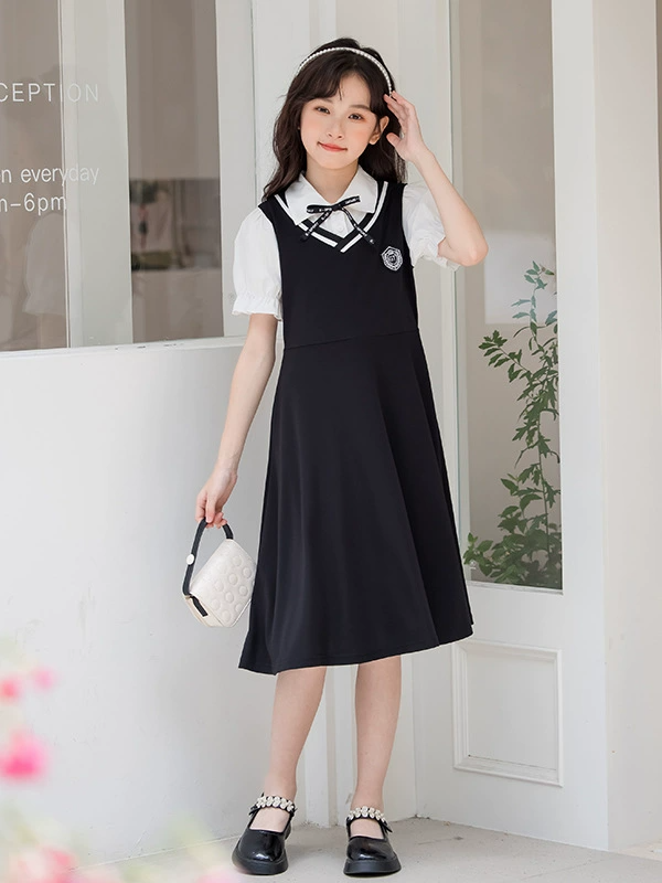 Girl Clothes Kids Clothing Summer Mid-long Dress for Teenagers School Style Puff Sleeve Dress Fake Two-Piece Princess Dress for Kids