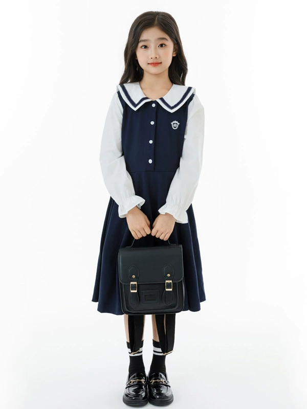 Girl Clothes Kids Clothing Girls Sailor Collar Dress School Style Long Sleeve Contrast Color Dress Student Uniform Dress