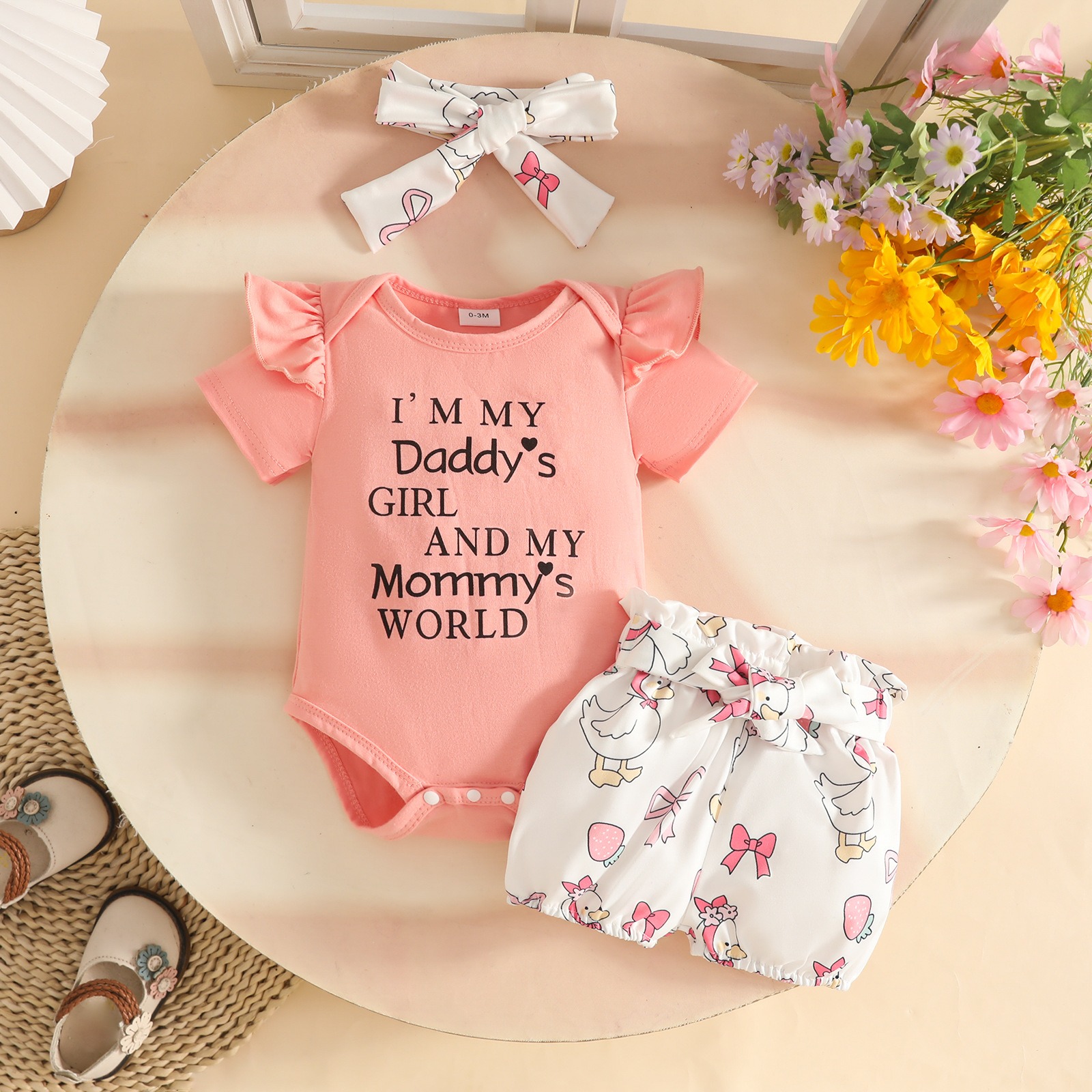 Baby Short Sleeve Bodysuit with Shorts and Bowknot Headband  for 0-12 Months Baby Girls Alphabet Top Butterfly Printed Cute Shorts 3 Piece Set Gir Clothes Kid Clothing Set