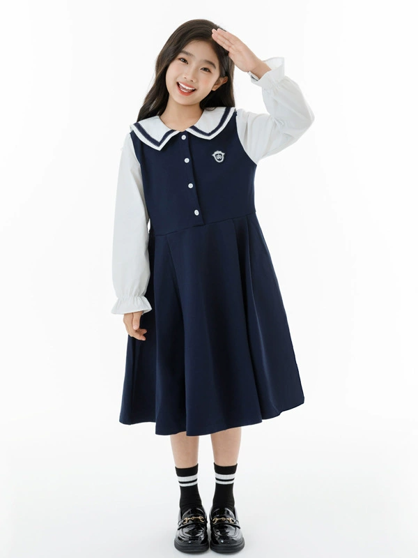 Girl Clothes Kids Clothing Girls Sailor Collar Dress School Style Long Sleeve Contrast Color Dress Student Uniform Dress