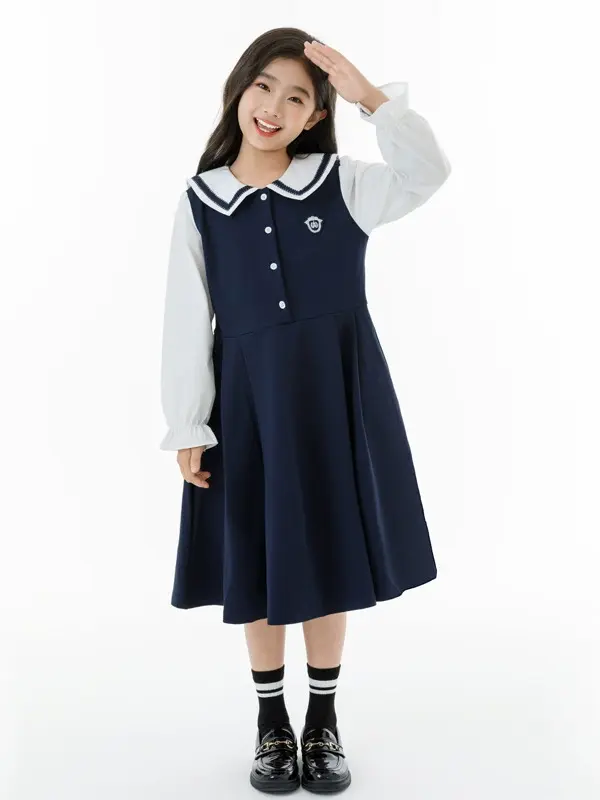 Girl Clothes Kids Clothing Girls Sailor Collar Dress School Style Long Sleeve Contrast Color Dress Student Uniform Dress