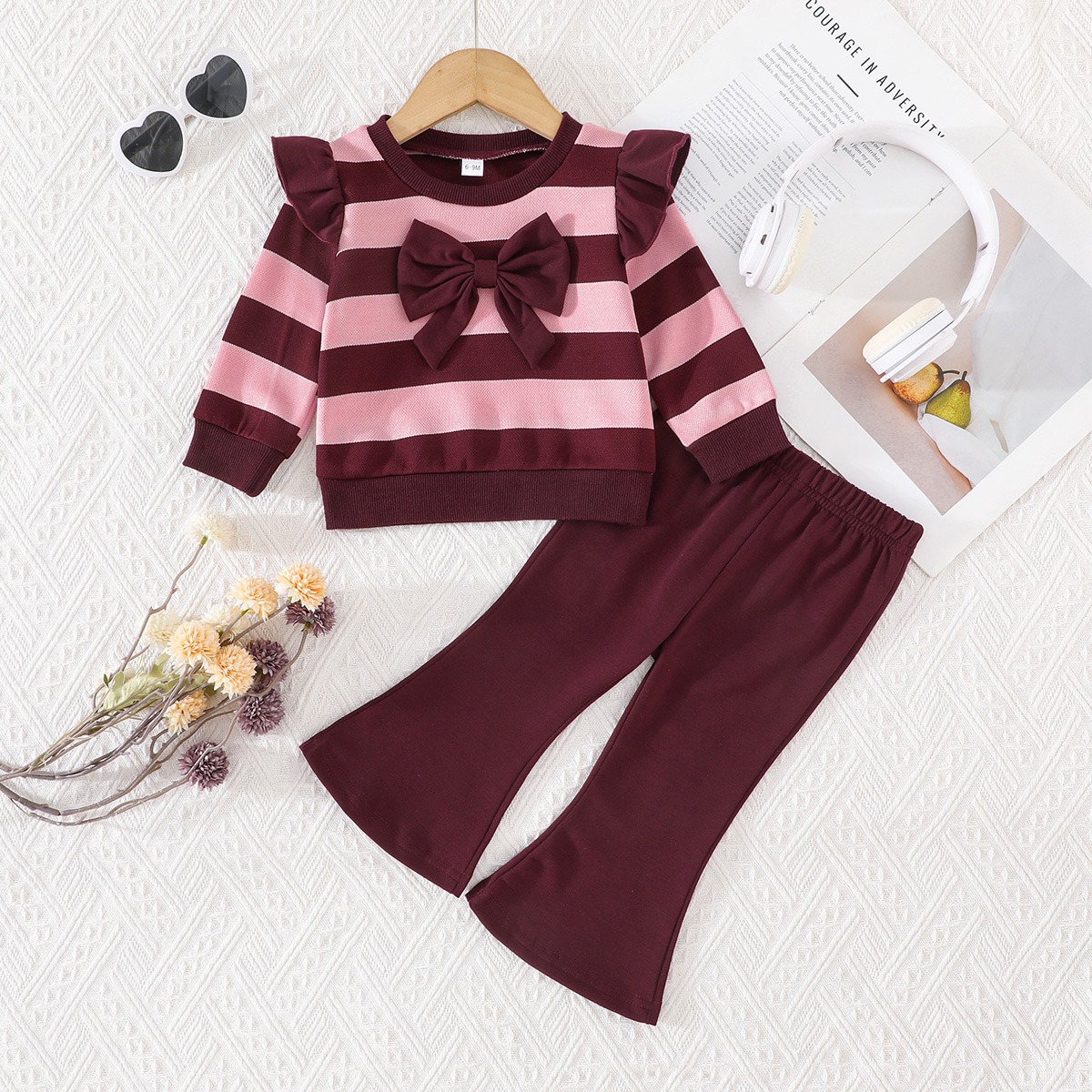 2 Piece Set Baby Clothes Outfit Baby Girls Striped Bow Sweatshirt & Flare Pants Toddler Casual Clothing Set for 3 Months–2 Year