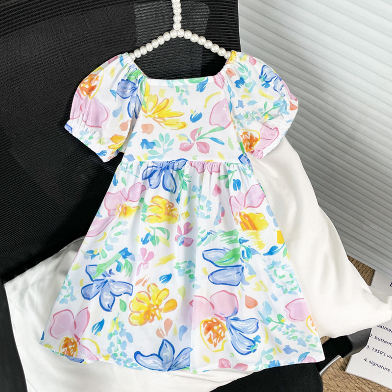 Baby Dress Girls Summer Soft Floral  Dress Beach Sundress Kids Casual Short Sleevele Dress with Square Neck Clothing for Baby Girls Clothes