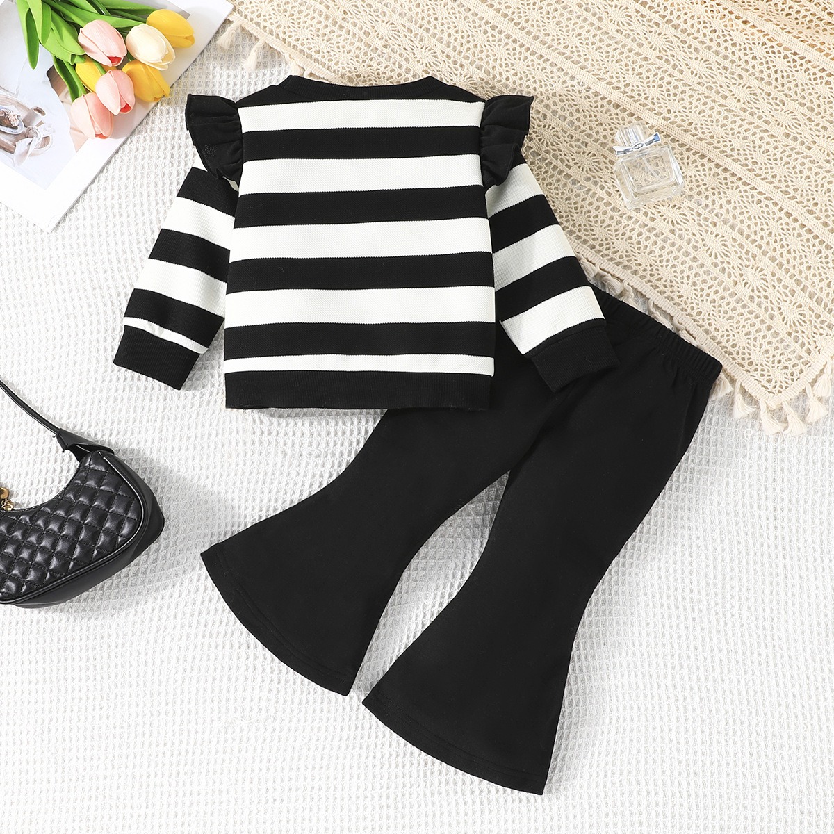 2 Piece Set Baby Clothes Outfit Baby Girls Striped Bow Sweatshirt & Flare Pants Toddler Casual Clothing Set for 3 Months–2 Year