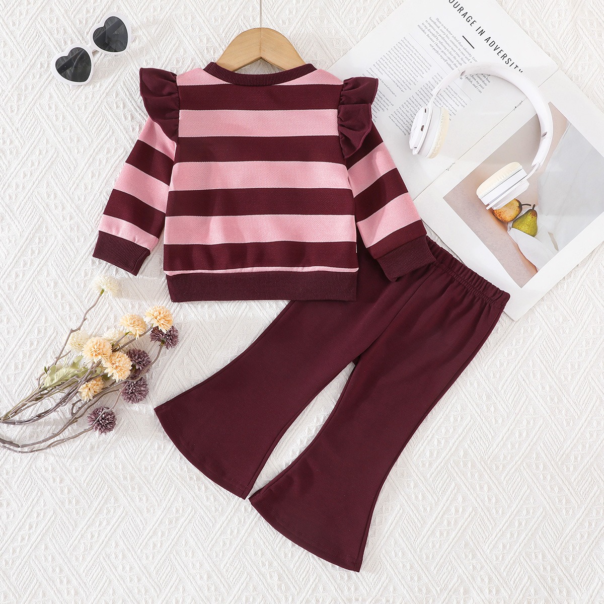 2 Piece Set Baby Clothes Outfit Baby Girls Striped Bow Sweatshirt & Flare Pants Toddler Casual Clothing Set for 3 Months–2 Year