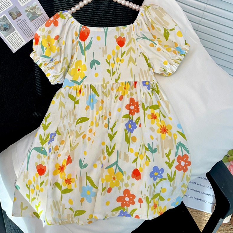 Baby Dress Girls Summer Soft Floral  Dress Beach Sundress Kids Casual Short Sleevele Dress with Square Neck Clothing for Baby Girls Clothes