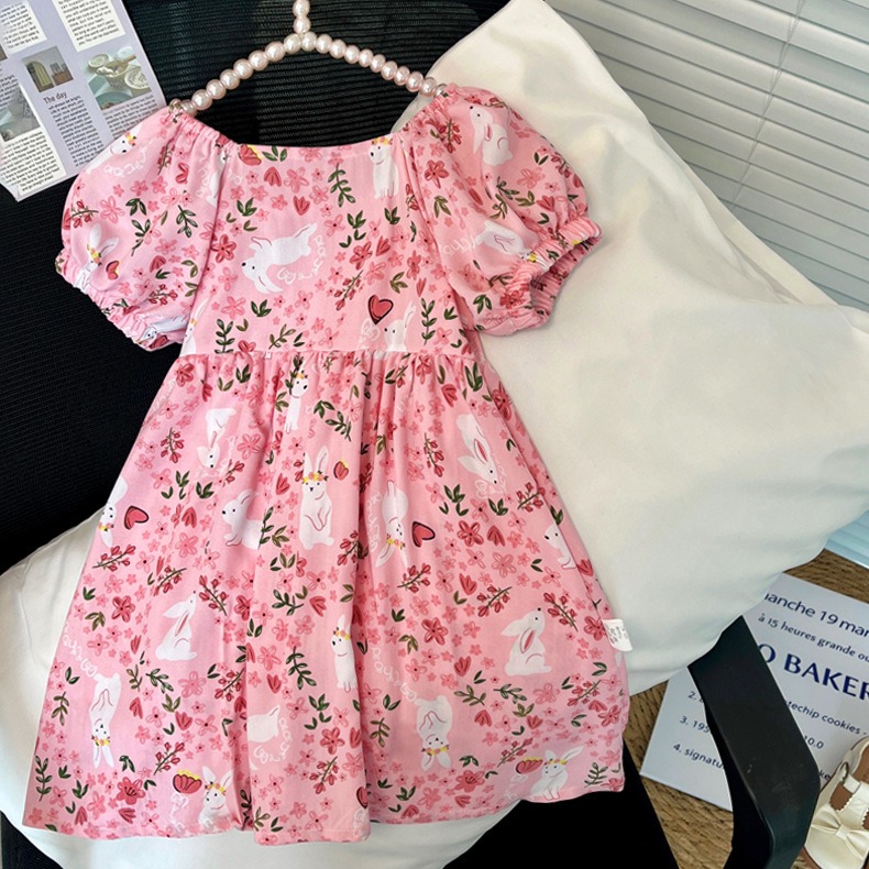 Baby Dress Girls Summer Soft Floral  Dress Beach Sundress Kids Casual Short Sleevele Dress with Square Neck Clothing for Baby Girls Clothes