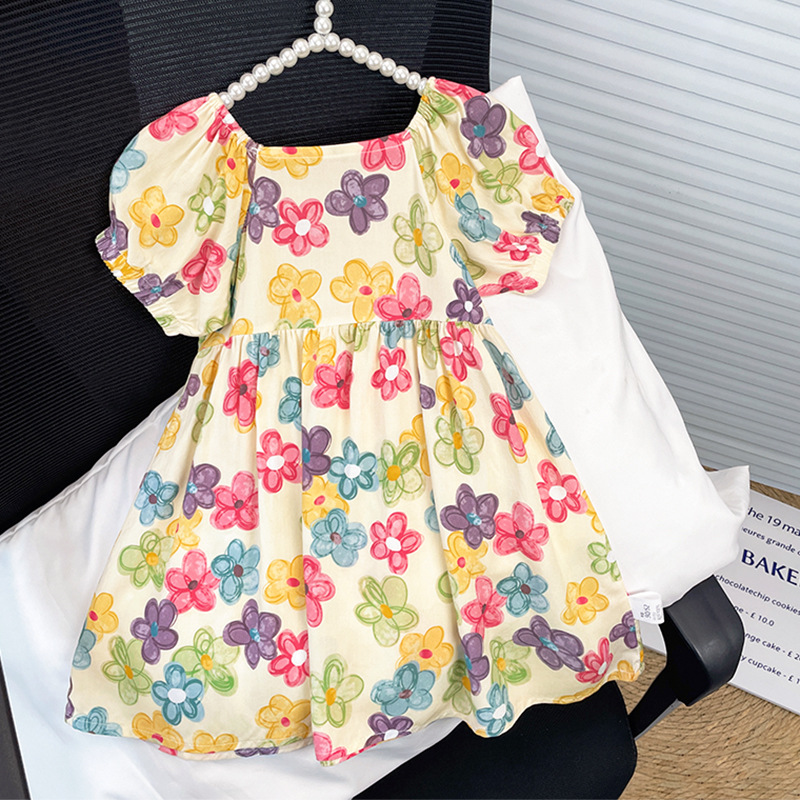 Baby Dress Girls Summer Soft Floral  Dress Beach Sundress Kids Casual Short Sleevele Dress with Square Neck Clothing for Baby Girls Clothes
