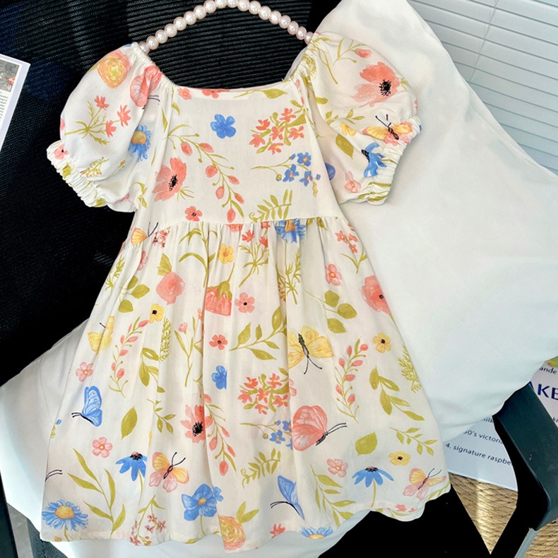 Baby Dress Girls Summer Soft Floral  Dress Beach Sundress Kids Casual Short Sleevele Dress with Square Neck Clothing for Baby Girls Clothes