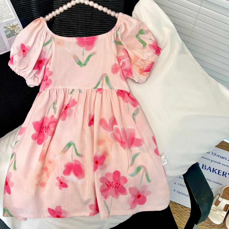 Baby Dress Girls Summer Soft Floral  Dress Beach Sundress Kids Casual Short Sleevele Dress with Square Neck Clothing for Baby Girls Clothes