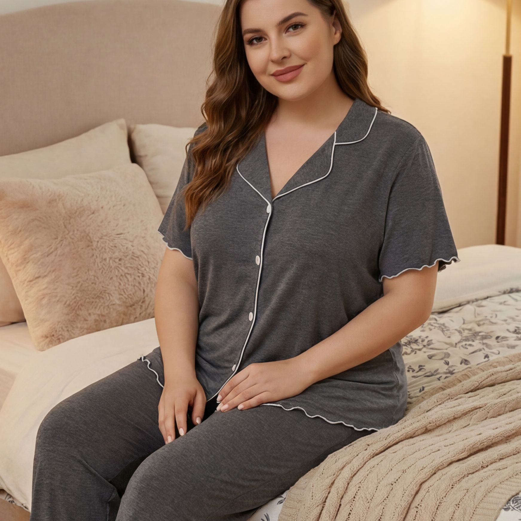 Women’s Sleeping Pajamas Solid Color V-Neck Short Sleeve Loose Fit Long Pants Sleepwear Clothes Women's Clothing Sleeping Clothes Set Soft Short T-shirt and Long Trousers