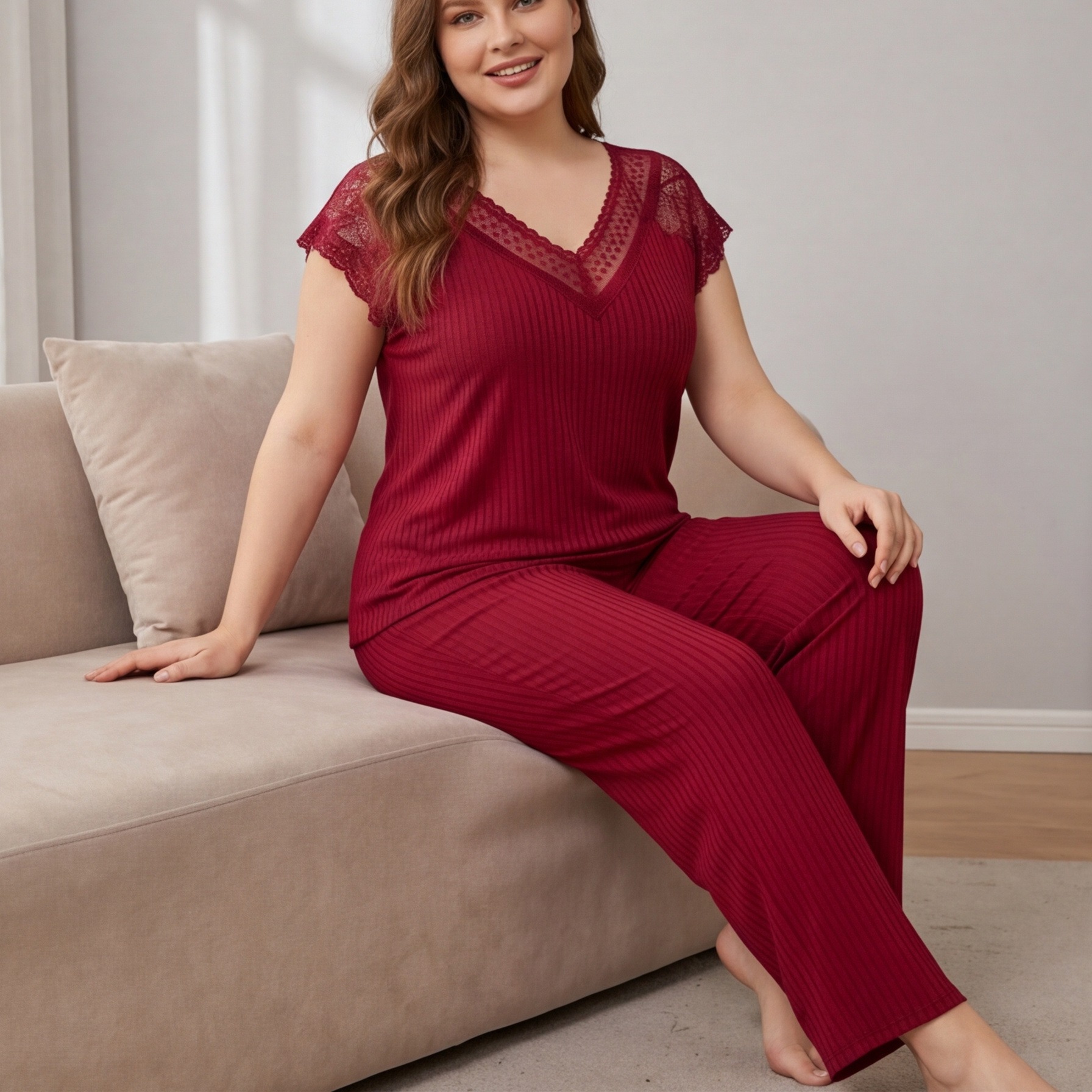 Women’s Milk Silk Pajama Set Solid Color Ribbed V-Neck Lace Short Sleeve Loose Fit Long Pants Sleepwear Clothes Women's Clothing Sleep Set Soft & Stretchy Short T-shirt and Long Trousers