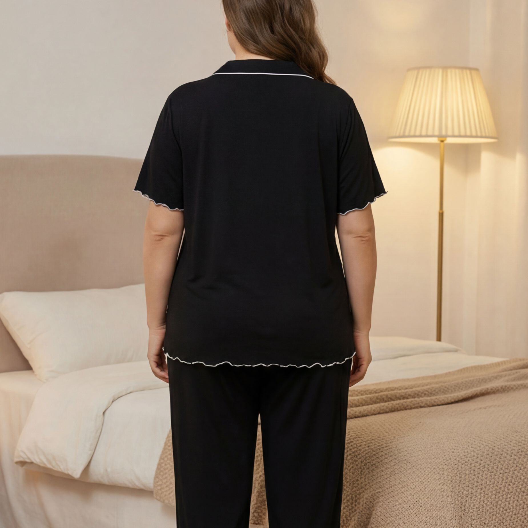 Women’s Sleeping Pajamas Solid Color V-Neck Short Sleeve Loose Fit Long Pants Sleepwear Clothes Women's Clothing Sleeping Clothes Set Soft Short T-shirt and Long Trousers