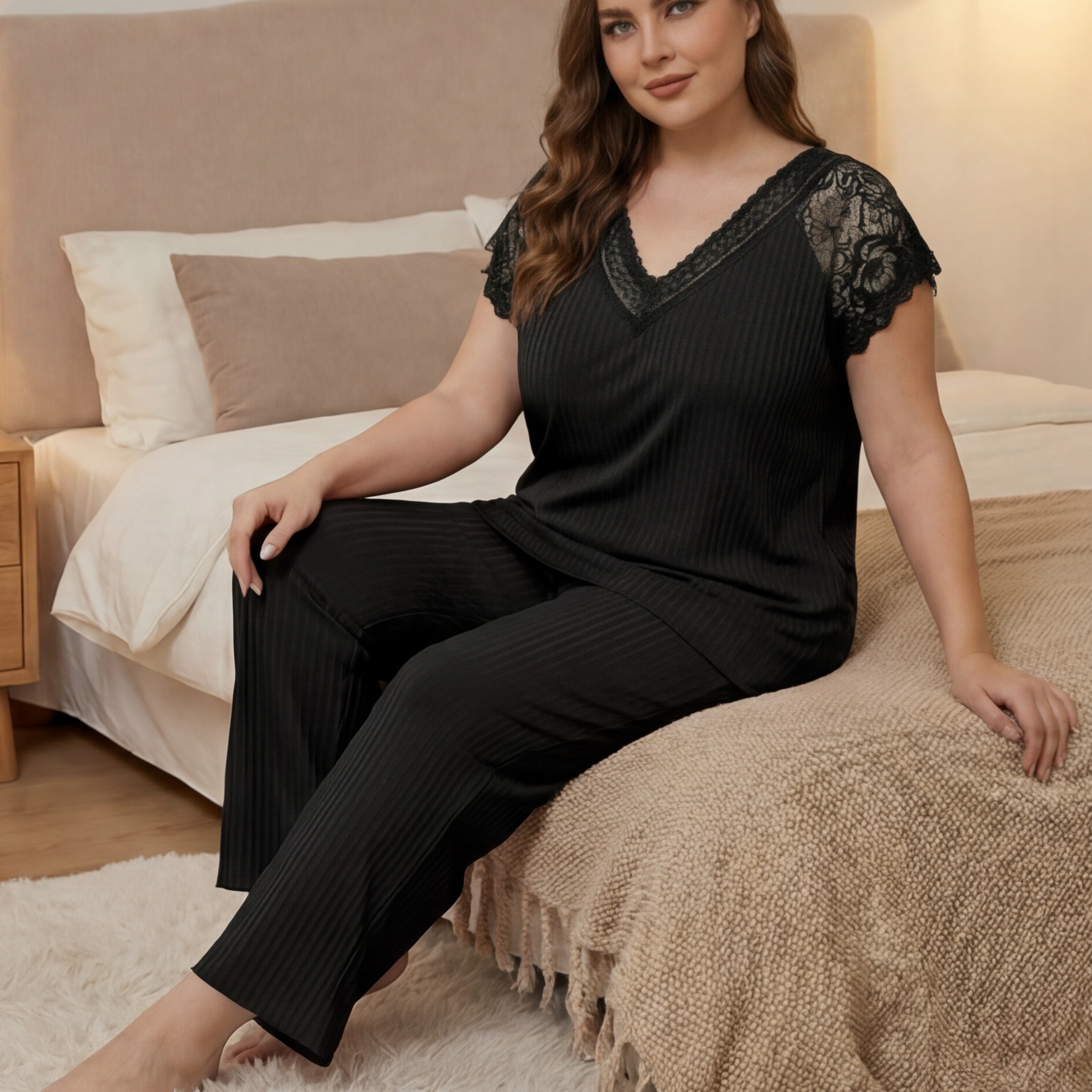Women’s Milk Silk Pajama Set Solid Color Ribbed V-Neck Lace Short Sleeve Loose Fit Long Pants Sleepwear Clothes Women's Clothing Sleep Set Soft & Stretchy Short T-shirt and Long Trousers