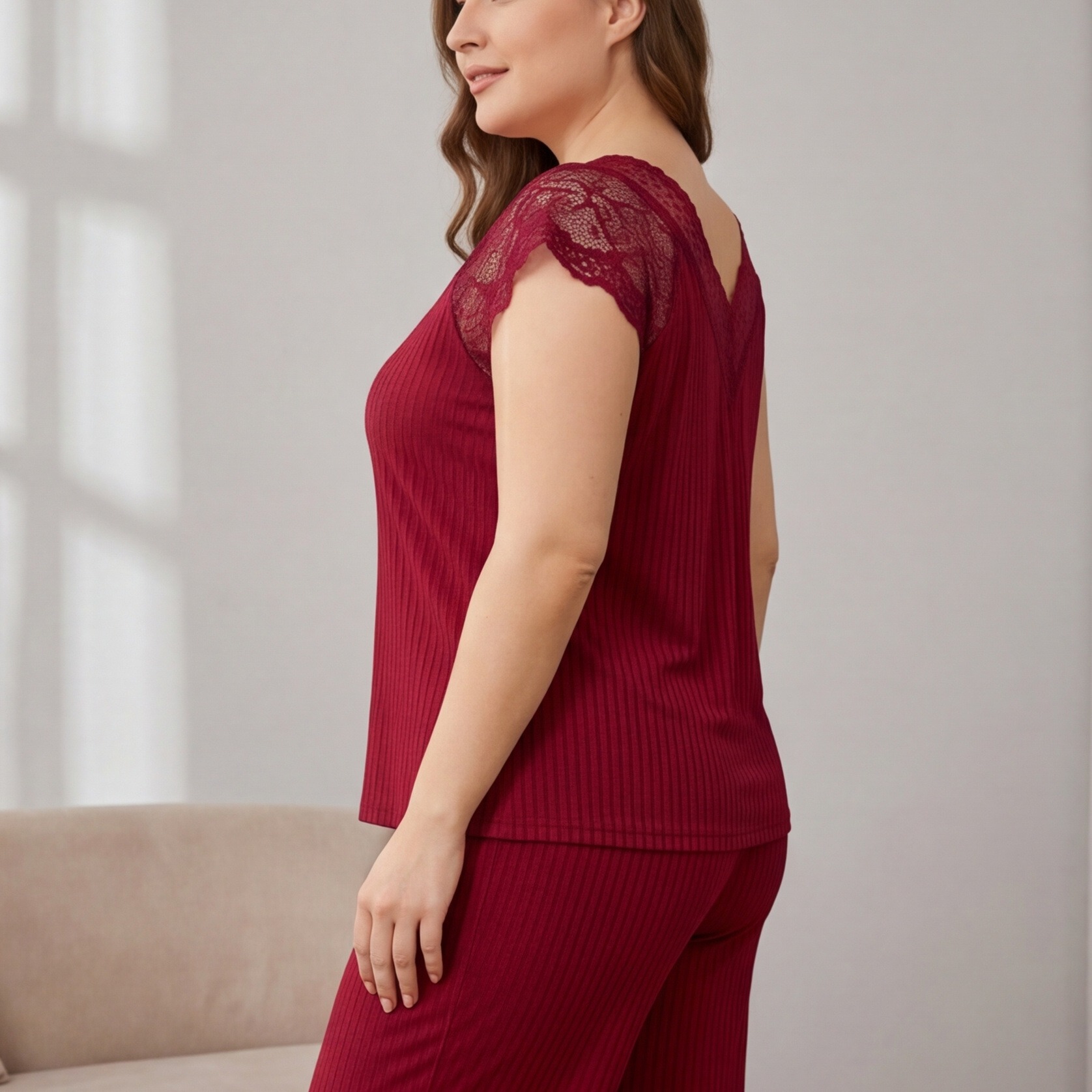 Women’s Milk Silk Pajama Set Solid Color Ribbed V-Neck Lace Short Sleeve Loose Fit Long Pants Sleepwear Clothes Women's Clothing Sleep Set Soft & Stretchy Short T-shirt and Long Trousers