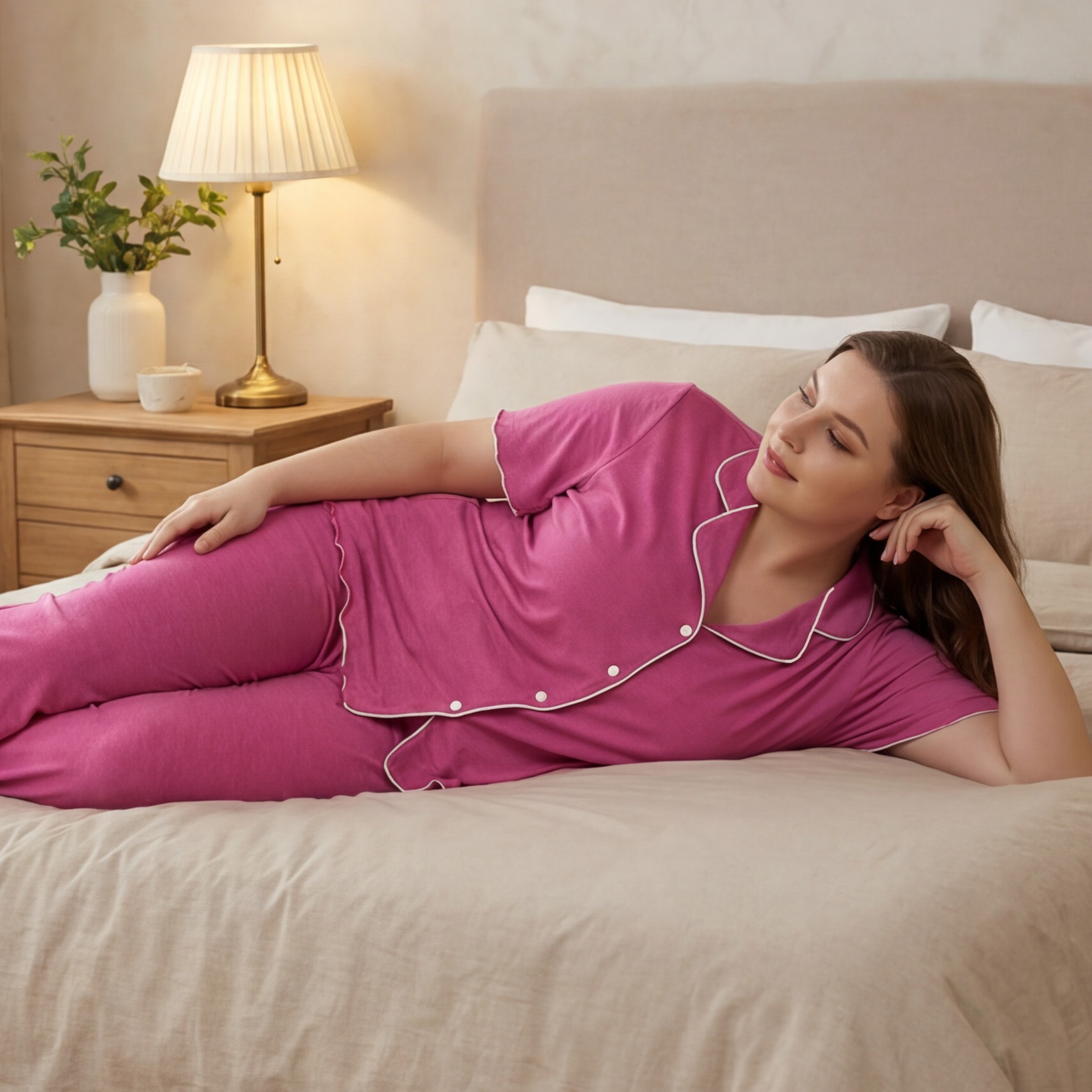 Women’s Sleeping Pajamas Solid Color V-Neck Short Sleeve Loose Fit Long Pants Sleepwear Clothes Women's Clothing Sleeping Clothes Set Soft Short T-shirt and Long Trousers