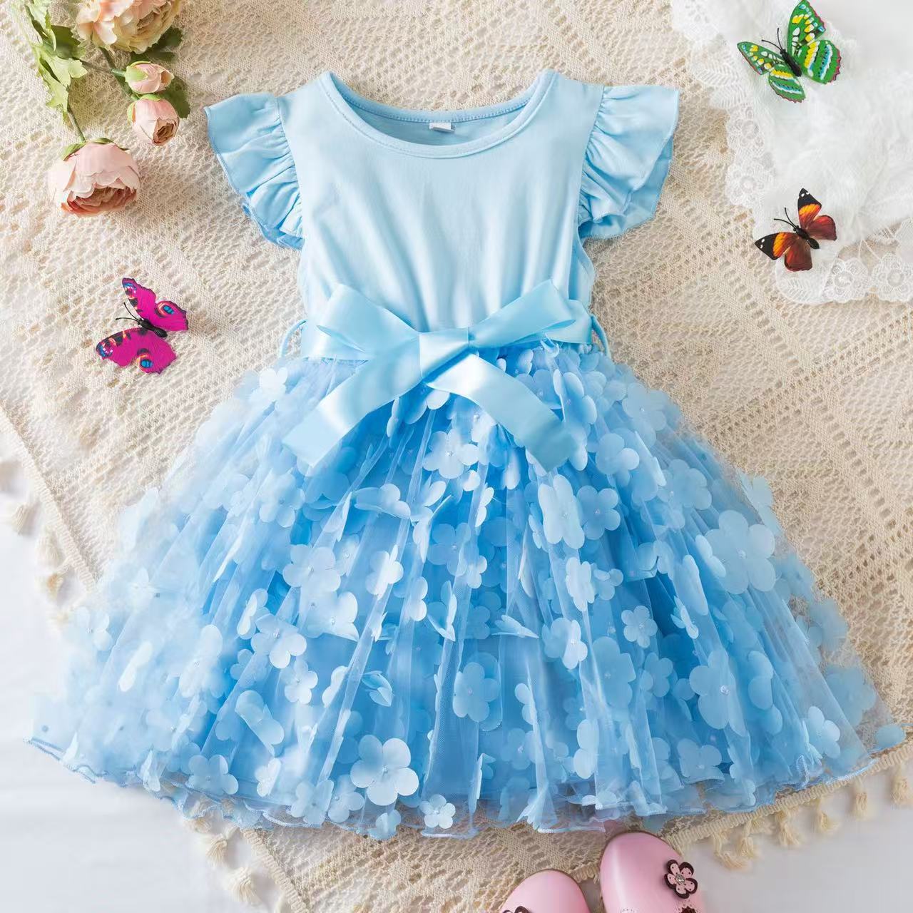 Girls’ Princess Dress, Korean Style, Butterfly Netting Lace Dress, Suitable for Small Children, Birthday or First Birthday Party Attire.