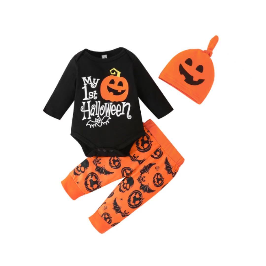 3 piece Small and medium-sized children’s foreign trade Halloween bodysuit, three-piece outfit, pumpkin/spider design, elastic cotton, long sleeves, winter version.Infant hat.baby clothes Infant hat.