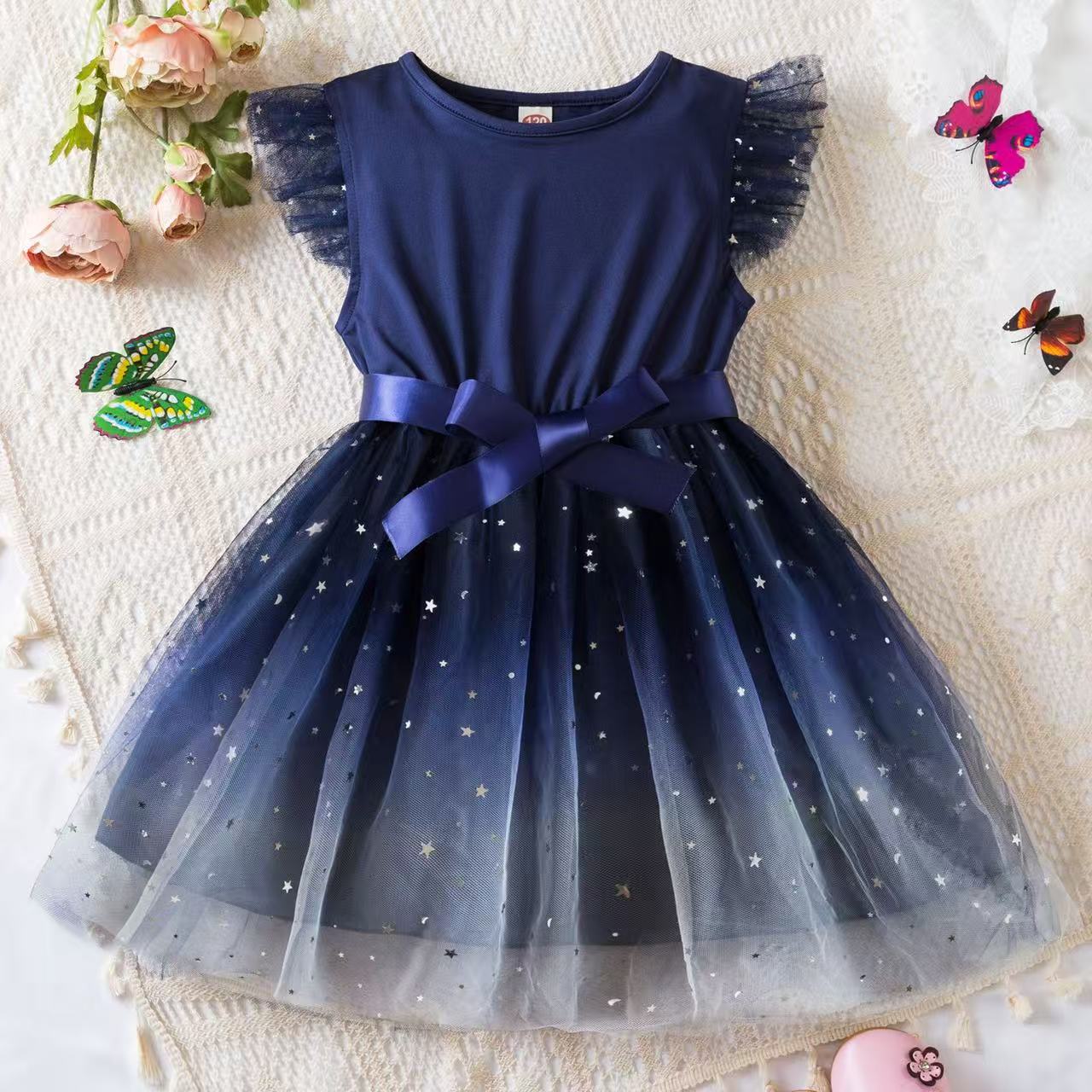 Girls’ Princess Dress, Korean Style, Butterfly Netting Lace Dress, Suitable for Small Children, Birthday or First Birthday Party Attire.