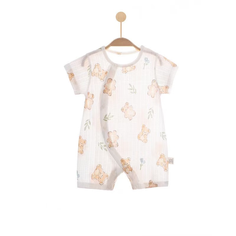Infant short-sleeved bodysuit, summer lightweight version, Class A, 100% cotton, for boys and girls, newborn clothing, with angled neckline and button closure, crawling suit.