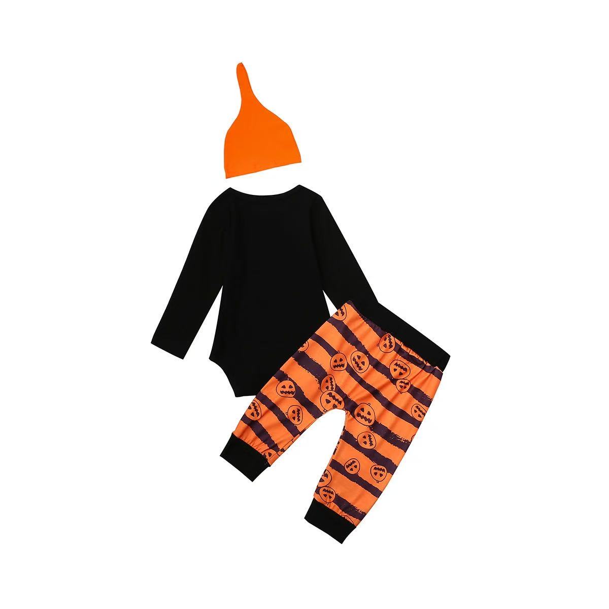 3 piece Small and medium-sized children’s foreign trade Halloween bodysuit, three-piece outfit, pumpkin/spider design, elastic cotton, long sleeves, winter version.Infant hat.baby clothes Infant hat.
