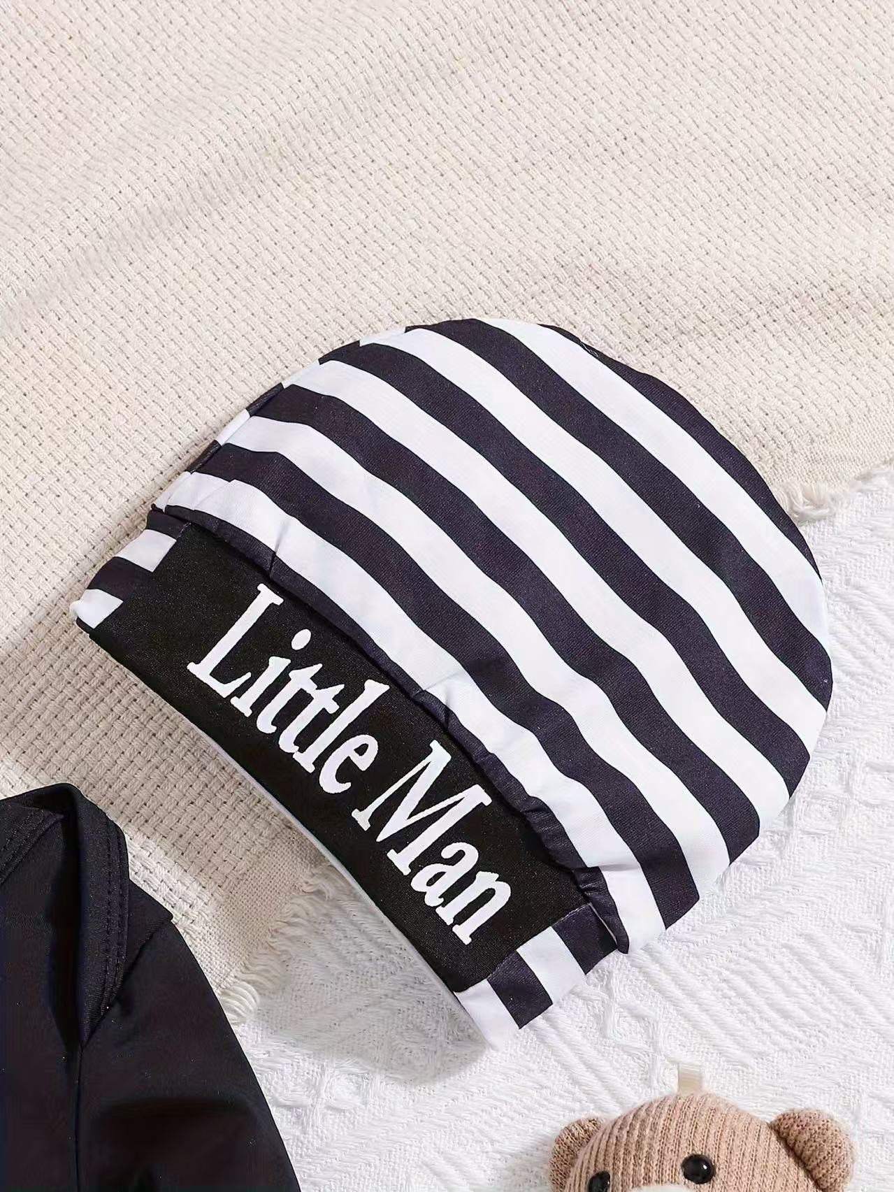 3 piece Spring and Summer New Arrivals: Children's Fashion Letter Print Onesie + Striped Hem Trousers + Hat, Two-Piece Set for Boys and Girls. Infant Clothing, Newborn Garments, Toddler Apparel, Baby