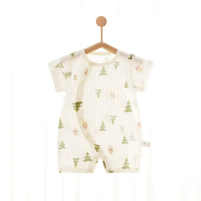 Infant short-sleeved bodysuit, summer lightweight version, Class A, 100% cotton, for boys and girls, newborn clothing, with angled neckline and button closure, crawling suit.